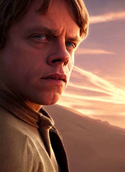 Image similar to portrait of young mark hamill as luke skywalker in a heroic action pose against a tatooine sunset, close up, dramatic lighting, octane render, digital art