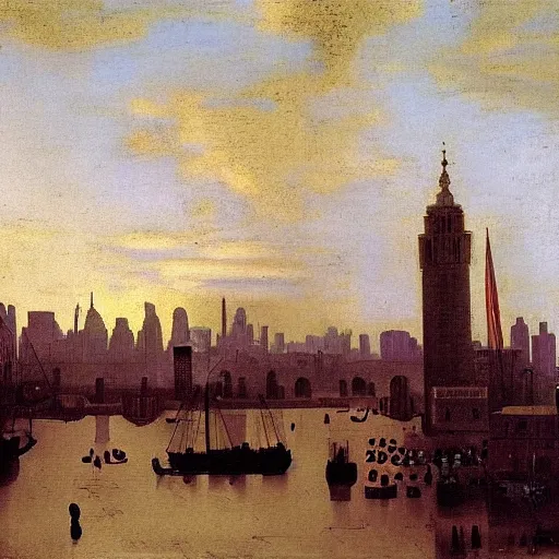 Image similar to painting of new york city in 1860 by Jan Vermeer,