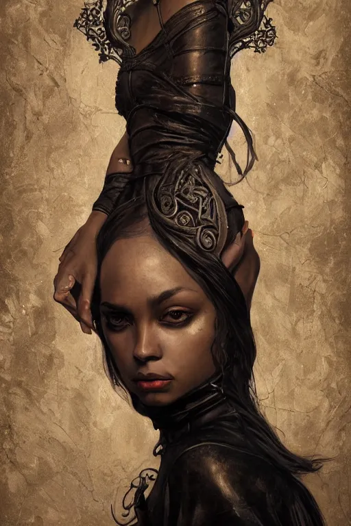 Prompt: breathtaking detailed soft painting of a sensual black girl in leather clothes, in medieval castle with gothic arches, symmetrical realistic facial features, rembrandt style, elegant, highly detailed, artstation, concept art, matte, sharp focus, art by tom bagshaw, kelogsloops and greg rutkowski