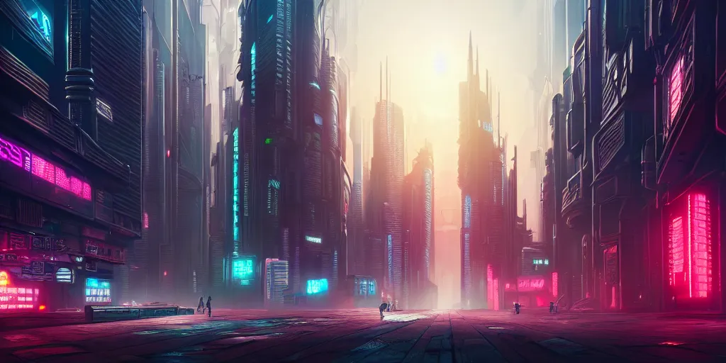 Image similar to a highly detailed matte painting of cyberpunk city streets, featured on Artstation