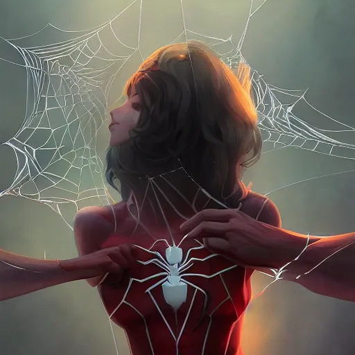 Image similar to beautiful render of spiderwoman covered by her webs, perfectly shaded, atmospheric lighting, style of makoto shinkai and peter mohrbacher, studio ghibli. artgerm, karol bak, beeple, animation style, 8 k hd, ultra wide angle, hyper detailed