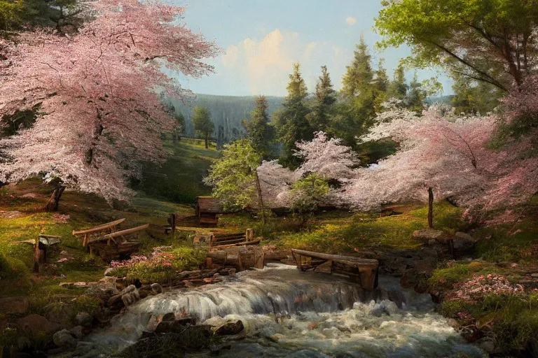 Image similar to A beautiful painting of an improvised wooden village stacked and nestled among cherry blossom trees over a babbling creek, painted by ivan shishkin and arkhip kuindji, trending on artstation, matte painting