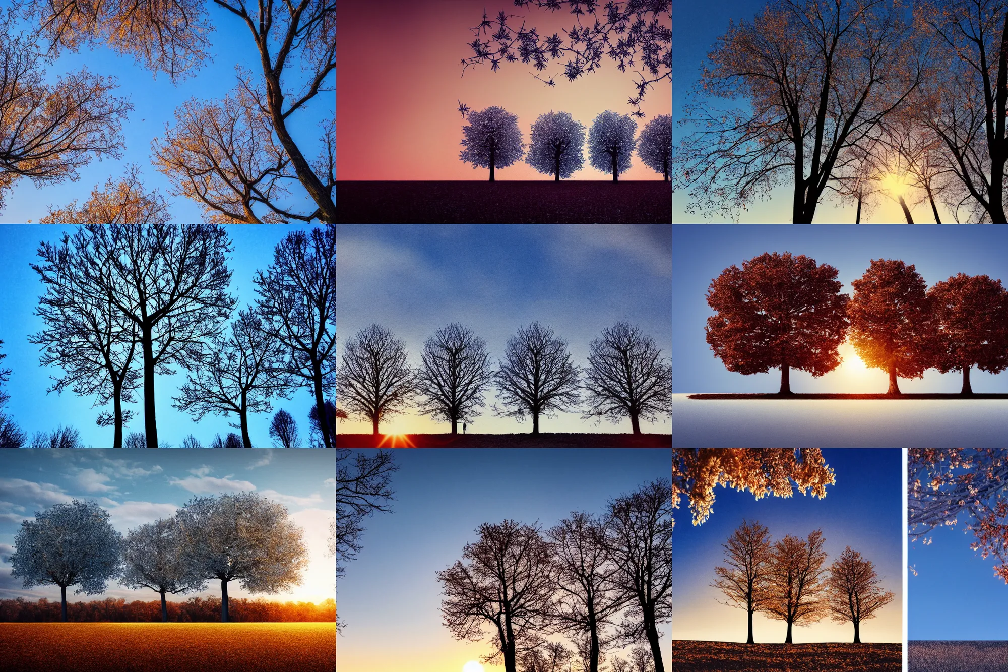 Prompt: four trees in all seasons at sunset, one tree in the spring one tree in the summer one tree in the autumn one tree in the winter, blue sky, cinematic, ultra detailed, intricate, sharp focus, digital illustration