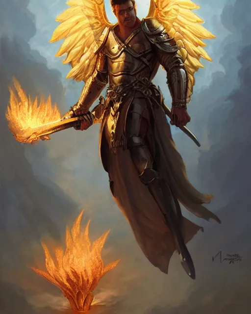 Prompt: character portrait of a brawny male angel of justice, with fiery golden wings, wearing shining armor, wielding a flaming sword, by peter mohrbacher, mark brooks, jim burns, wadim kashin, greg rutkowski, larry elmore, trending on artstation