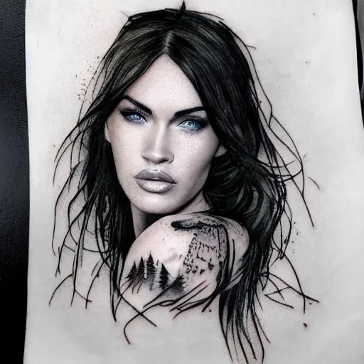 Image similar to hyper realism tattoo sketch of megan fox face professional double exposure art with beautiful mountain scenery, in the style of matteo pasqualin, amazing detail, sharp, faded