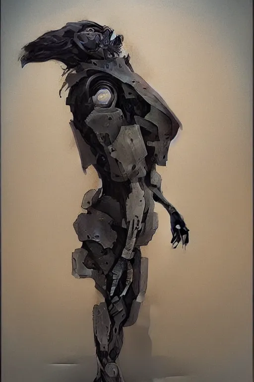 Prompt: “self portrait of a robot raven with beige armor in the style of a Macintosh II. Art by Greg Rutkowski and Beksinski. Trending on r/cassettefuturism.”