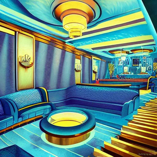 Image similar to beautiful Peter Mohrbach and tyler edlin highly detailed illustration of an underwater art deco lounge