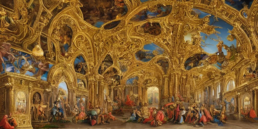 Prompt: beautiful ornate heavenly marble and gold rococo megastructure in the style of heironymus bosch, colorful light intricate masterpiece, hyper detailed, hd