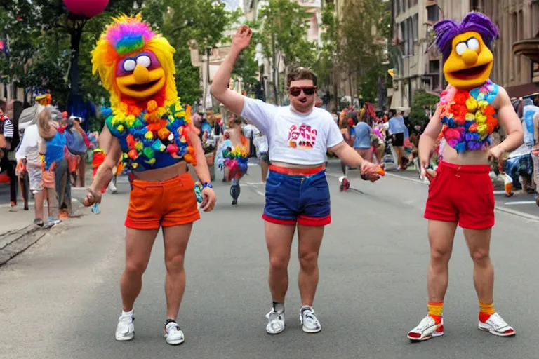 Image similar to bert and ernie in the gay parade wearing short shorts and croptops