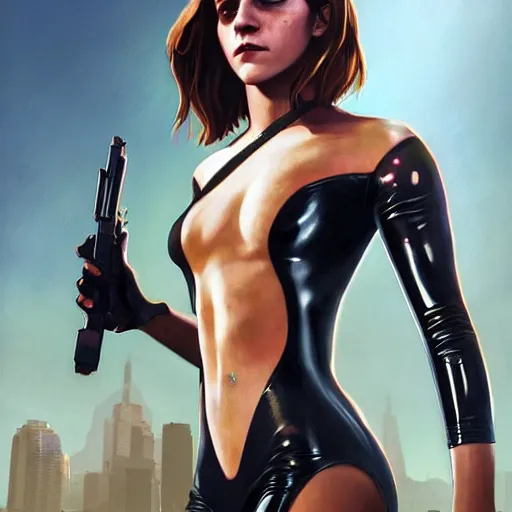 Image similar to highly detailed painting of emma watson wearing a latex suit in los santos, gta 5 cover art, stephen bliss, 8 k, by greg rutkowski, artgerm, global illumination, radiant light, detailed and intricate environment