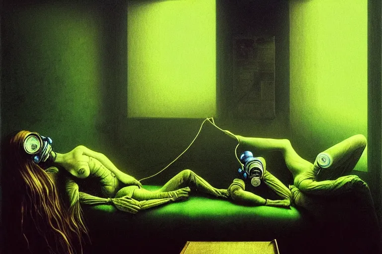 Image similar to anatomically correct girl with wearing a gas mask lying on the sofa reading a book in her room, in the style of beksinski, solarpunk, exact anatomy, atmospheric, clean, intricate and epic composition, green by caravaggio, insanely quality, highly detailed, masterpiece, blue light, artstation, 4 k
