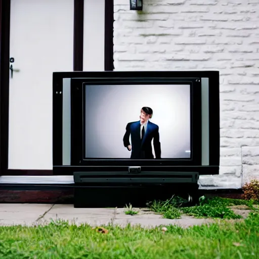 Prompt: a man in a suit wearing a tv while walking, front door camera