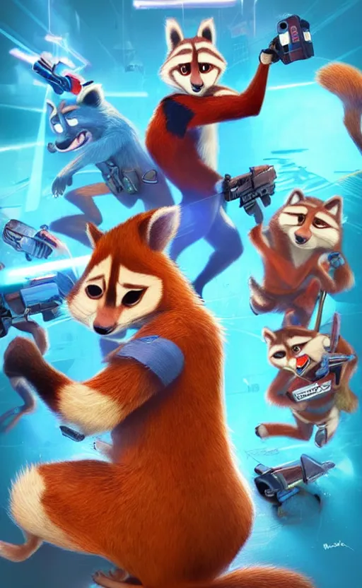 Prompt: “red racoon holding laser gun standing face to face off with blue racoon holding laser gun, boxing style face off, cinematic, dramatic in the style of zootopia”