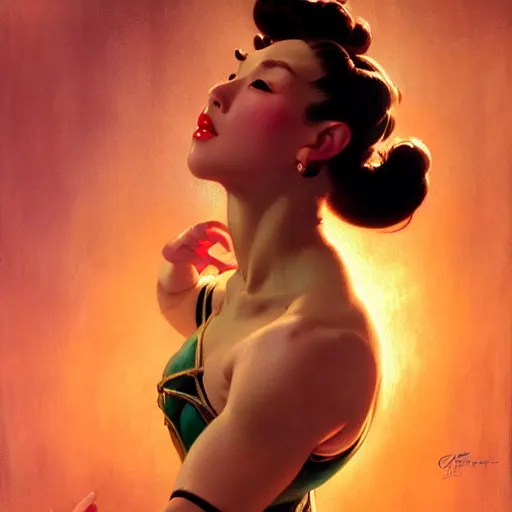 Prompt: of a Chun Li, dark fantasy, medium shot, intricate, elegant, highly detailed, digital painting, volumetric light, artstation, concept art, smooth, sharp focus, illustration, art by Gil Elvgren and Greg Manchess and Alphonse Mucha