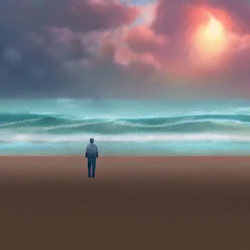 Image similar to A lone man at the beach watching the tsunami wave forming on the horizon, top post of /r/ConceptArt subreddit