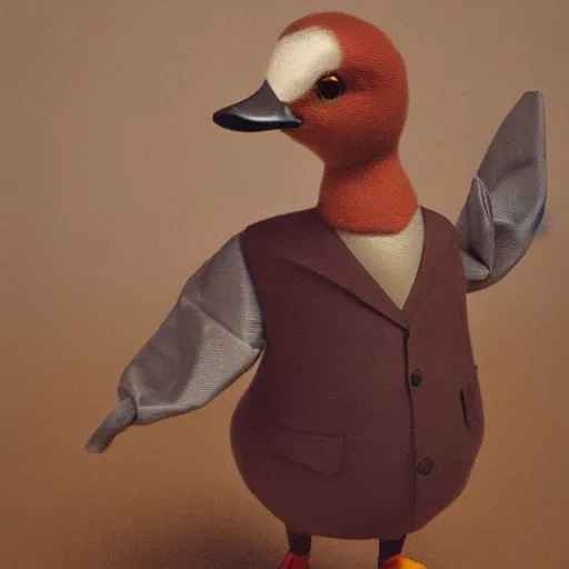 Image similar to a high detail photo of an antropomorphic duck wearing a suit, subject= duck, subject detail: wearing a suit, photorealism