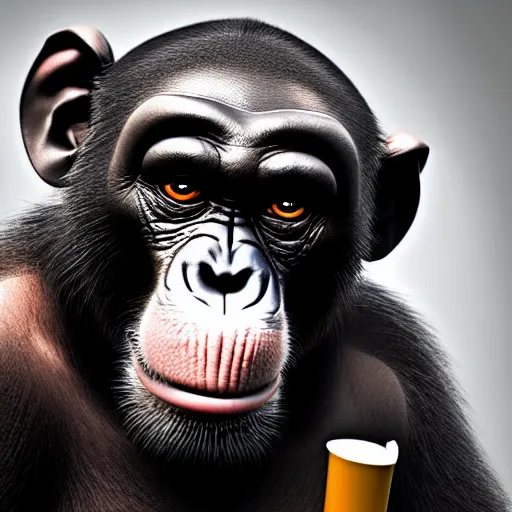 Image similar to a high detail shot of a chimp wearing a suit, smoking, unreal engine