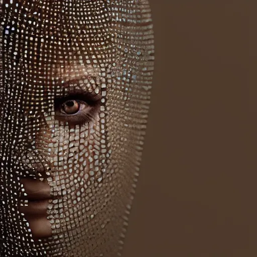 Prompt: full shot of a regal brown woman wearing an intricate and detailed armor made of thousands of dew drops. refracted light. multiple layers. reflections. morning dew. textures. delicate. translucent. no makeup!! haunting eyes. vulnerable. fragile. ethereal. refracted light. by louise dahl - wolfe. octane render