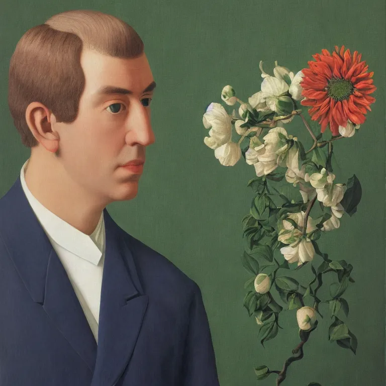 Image similar to portrait of a man, beautiful flowers replaced his head, by rene magritte, detailed painting, hd, hq, high resolution, high detail, 4 k, 8 k