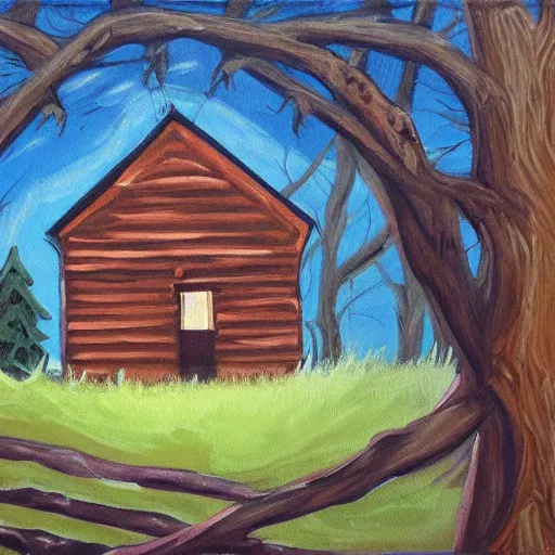 Image similar to a painting of a eerie cabin in the middle of the woods in the style of a kindergarten finger painting