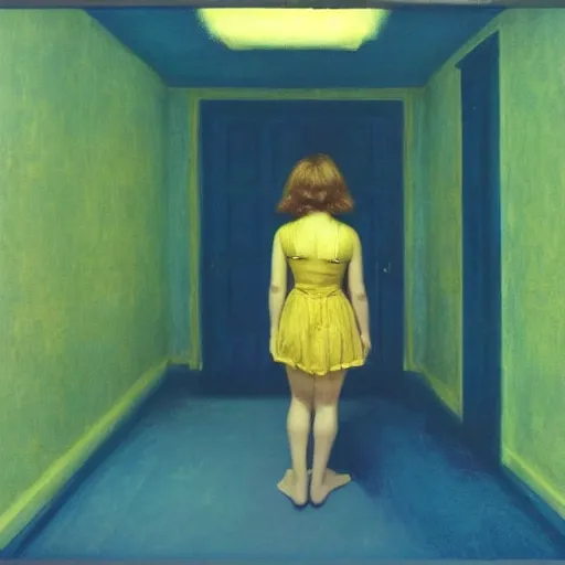 Image similar to close up of a girl in a blue and gold haunted liminal abandoned room, film still by edward hopper, by gottfried helnwein, by klimt, art noveau, highly detailed, strong lights, liminal, eerie, bright pastel colors,