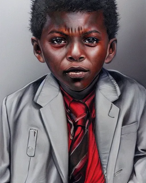 Image similar to portrait of a 7 year old child gang leader, dark, gritty, wearing a suit, criminal, very detailed eyes, hyperrealistic, beautiful, very detailed painting by Glenn Fabry, by Joao Ruas, by Artgerm