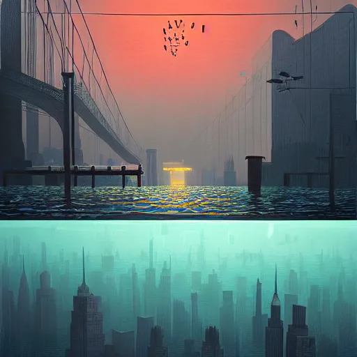 Image similar to New York under water by Simon Stålenhag and Grant Wood
