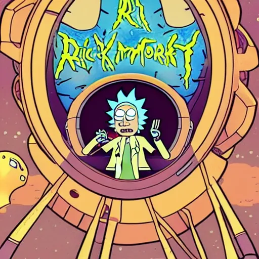 Image similar to rick and morty illustration, spaceship, ufo,