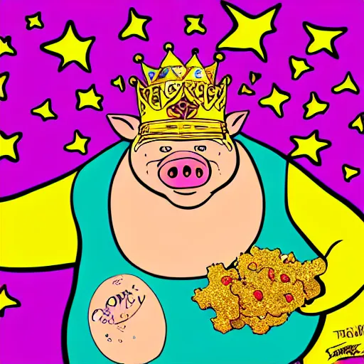 Image similar to trippy comic art of a obese pig wearing a gold crown throwing pork rinds snacks into the air, drawn by Martin Rowson, Tim Burton, Studio Ghibli, Alex Pardee, Nekro Petros Afshar, James McDermott, colors by lisa frank, unstirred paint, vivid color, cgsociety 4K