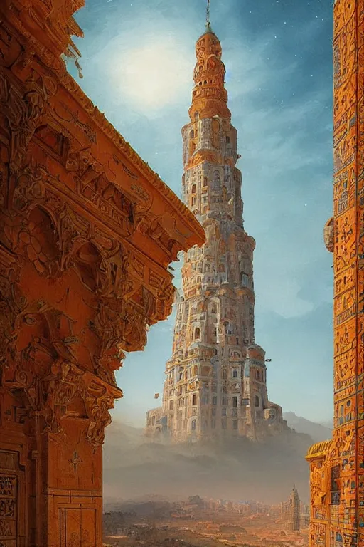 Image similar to glorious painted tower of the sun and stars by Sylvain Sarrailh and Ludwig Deutsch and Rudolf Ernst, dramatic cinematic lighting , beautiful colorful tilework, ornate architecture, smooth, sharp focus, extremely detailed