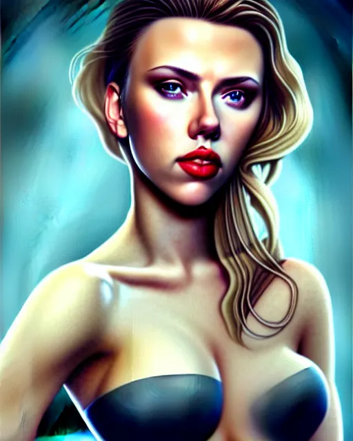 Prompt: full body gorgeous Scarlett Johansson, realistic character concept, arm tattoo sleeves, full body pose, autumn, makeup, shorter neck, illustration, symmetrical eyes and body, cinematic lighting, detailed realistic symmetrical eyes, artgerm, Joshua Middleton, single face, insanely detailed and intricate, beautiful