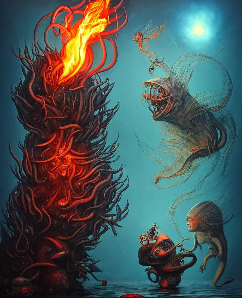 Image similar to mysterious bestiary of wild emotion monsters repressed in the deep sea of unconscious of the psyche lead by baba yaga, about to rip through and escape in a extraordinary revolution, dramatic fire glow lighting, surreal painting by ronny khalil