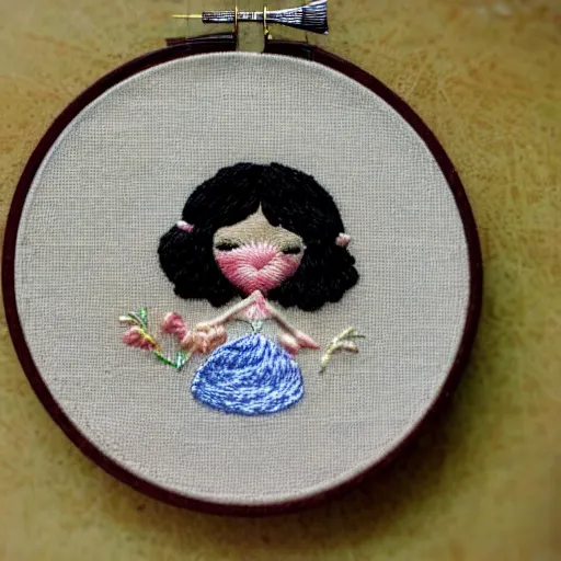 Image similar to a tiny beautiful handmade embroidery of a little girl with brown curly hair. hand embroidery.