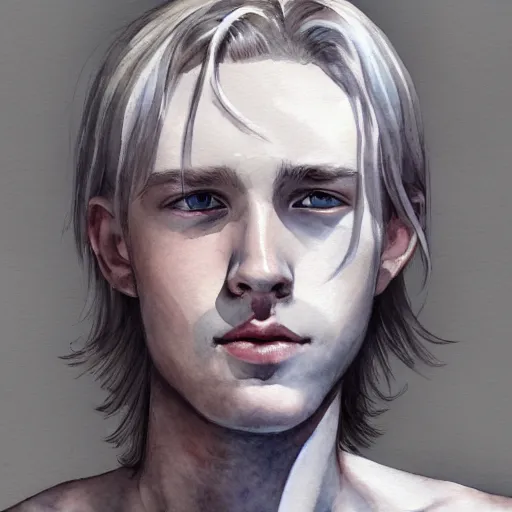 Prompt: white shoulder-length haired boy, watercolor, grey eyes, portrait, artstation, highly detailed, by Ross tram