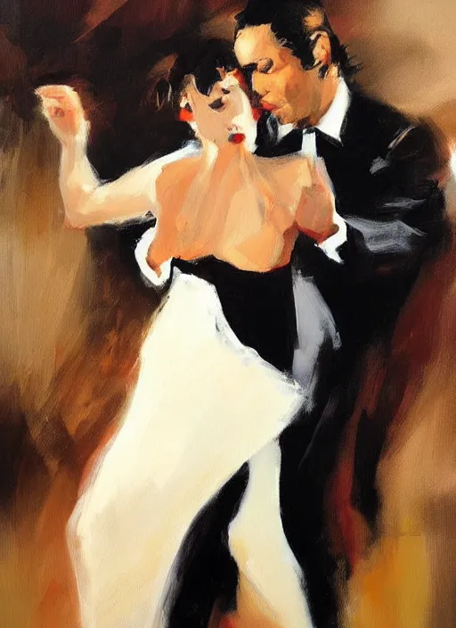 Image similar to tango dancerin in white dress, painting by phil hale, fransico goya,'action lines '!!!, graphic style, visible brushstrokes, motion blur, blurry, visible paint texture, crisp hd image