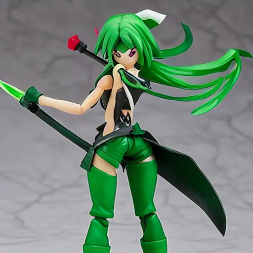 Image similar to league of legends akali as a Figma doll. Posable anime figurine. Kamas-wielding, green facemask, green outfit. Ninja sickle. PVC figure 12in.