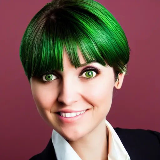 Image similar to brunette woman, short messy hair, business suit, bright green eyes