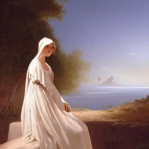 Image similar to a painting of a woman in a white dress pondering life as she watches the sun set, nature, a painting by claude joseph vernet, deviantart, fantasy art, sunrays shine upon it, deviantart, mystical