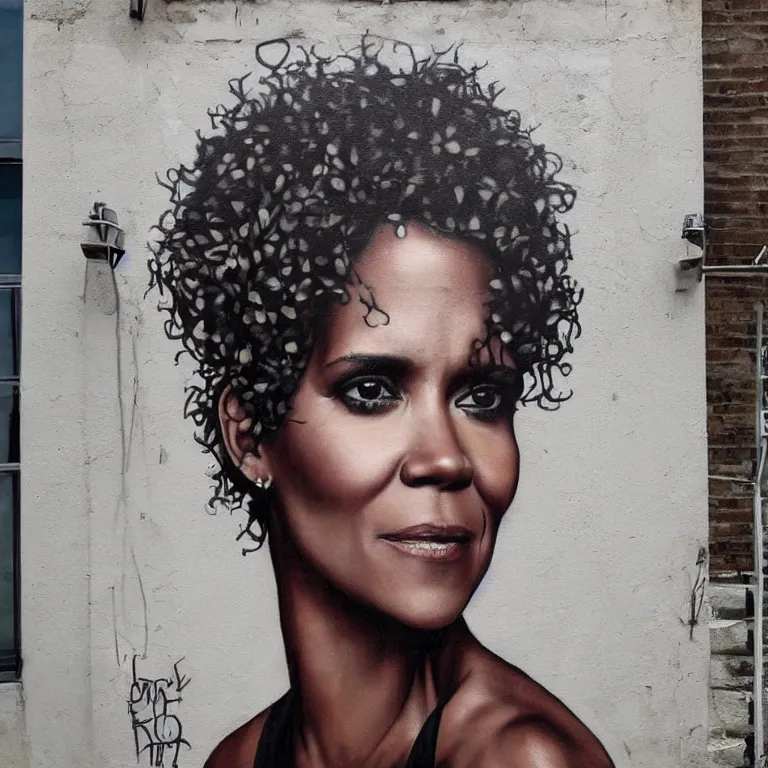 Prompt: Street-art portrait of Halle Maria Berry in style of Banksy, photorealism