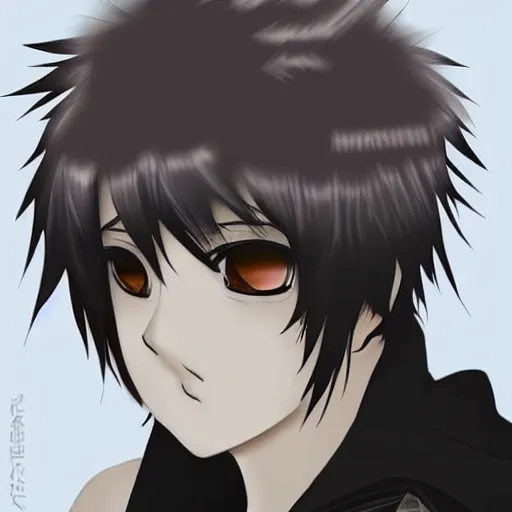 Prompt: anime style trans guy with black shaggy hair and piercings