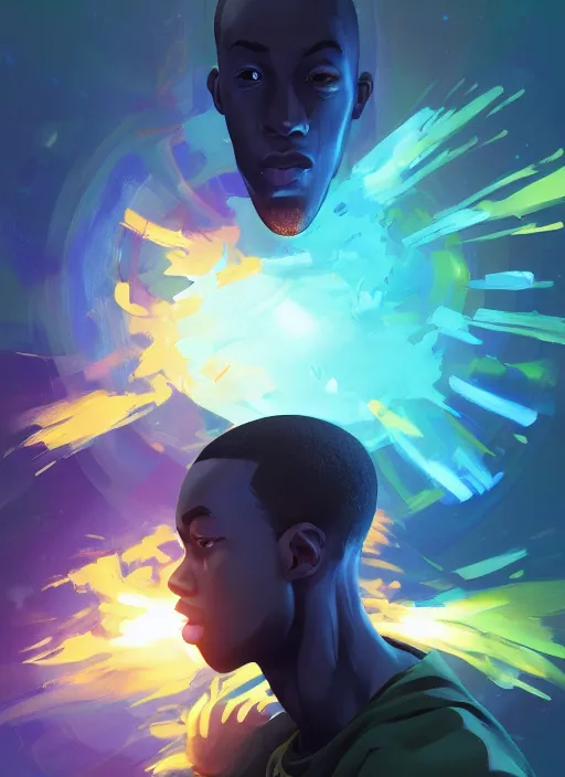 Prompt: detailed digital painting of young black man dreaming floating cmyk text and complex algorithms, dramatic pose by artstation, fanart behance hd by jesper ejsing, by rhads, makoto shinkai and lois van baarle, ilya kuvshinov, rossdraws, enter the matrix, global illumination, radiant light, detailed and intricate environment