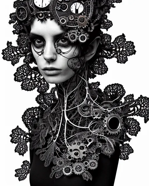 Image similar to surreal black and white photo portrait of complex bio-mechanical beautiful young female vegetal-cyborg with a Mandelbrot fractal steampunk metal fine lace face, a very long neck and a fine metal floral foliage super big lace collar by Alexander McQueen:: smoke, high fashion, haute couture, rococo, steampunk, silver filigree details, anatomical, facial muscles, cable wires, microchip, elegant, dreamy, foggy atmosphere, hyper realistic, 150 mm lens, soft rim light, octane render, unreal engine, picture was taken in 1910 by Man Ray, volumetric lighting, dramatic light,8k,