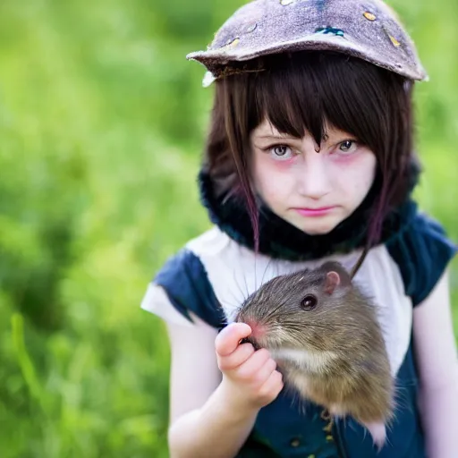 Image similar to little girl, cosplaying as ratcatcher 2, she holds a cute rat, photo taken on a Nikon, 4k