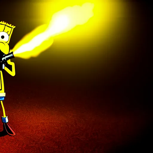 Image similar to high detail full body shot of spongebob squarepants shooting an ak - 4 7 machine gun with muzzle flash, cinematic framing, cinematic light, hard shadows, in the style of the movie lone survivor,