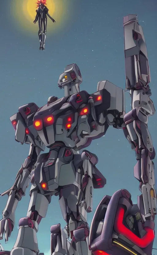 Image similar to < huge mecha > in the style of < neon genesis evangelion > holding a < mechanical yueqin > in arms, movie poster, < full body robot >, 3 d anime, arcane style, retropunk, steampunk, high resolution, 4 k, retrofuturism, studio ghibli, simon stalenhag