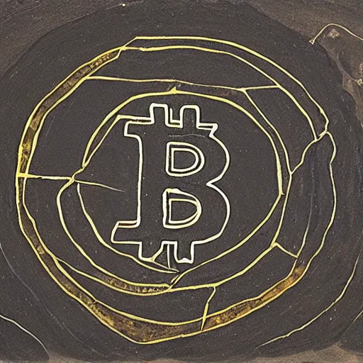 Prompt: ancient cave coal painting of bitcoin logo and few animals