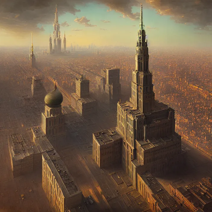 Image similar to matte painting by marc simonetti, jonathan solter, greg rutkowski of a moscow state university building, masterpiece, cinematic, hyperdetailed, photorealistic, hyperrealism, architecture, aerial view,