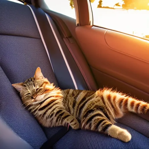 Prompt: top view of cabriolet, cat sitting in driver seat with paws resting on top of steering wheel, golden hour, top view