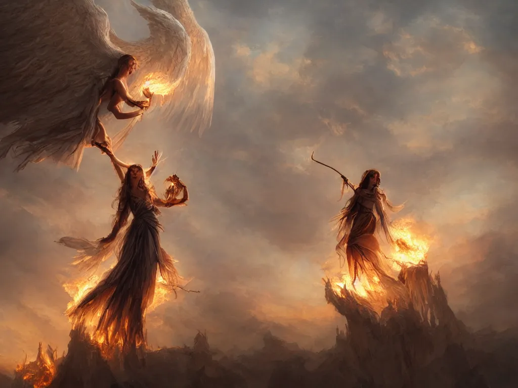 Image similar to angel carries a burning man in the clouds, fantasy art, award winning, dark fantasy, fantasy magic, intricate, elegant, sharp focus, cinematic lighting, highly detailed, digital painting, concept art, art by wlop and artgerm and greg rutkowski, masterpiece, trending on artstation, 8 k