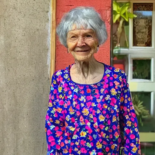 Image similar to an elderly woman dressed in extremely colorful clothes with floral patterns